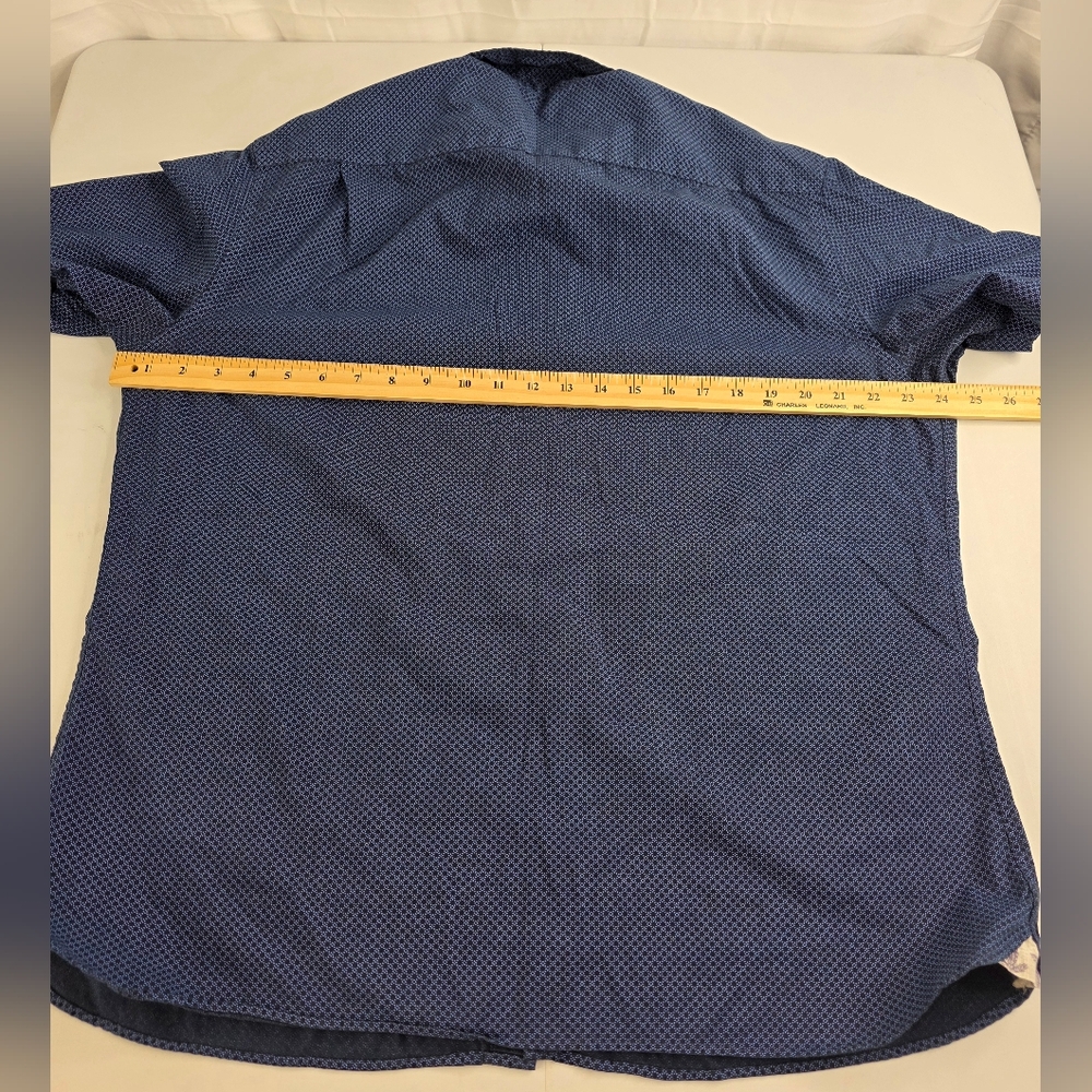Van Heusen Navy Blue Short Sleeve Shirt Size XL Slim Fit Palm Tree Collar E-1650 - Picture 9 of 10
